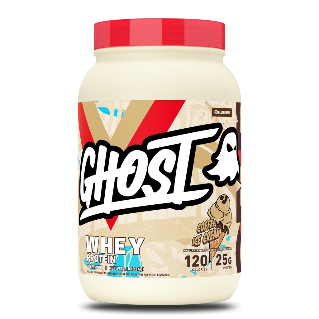 GHOST Poudre de protéines de lactosérum, crème glacée au café - 2LB, 25G de protéines - Mélange de protéines de lactosérum - -Après l'entraînement Fitness & Nutrition Shakes, Smoothies, Cuisson & Cuisine - Soy & Sans gluten