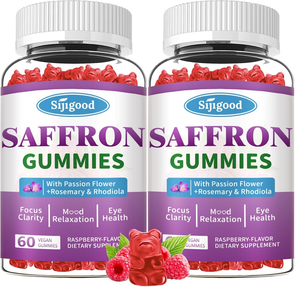 2 Packs Gommies de safran - Supplément sans sucre de safran pour hommes femmes Mood Supplément de soutien avec extrait de safran, fleur de passion, magnésium et vitamines pour la détente, Focus, framboise