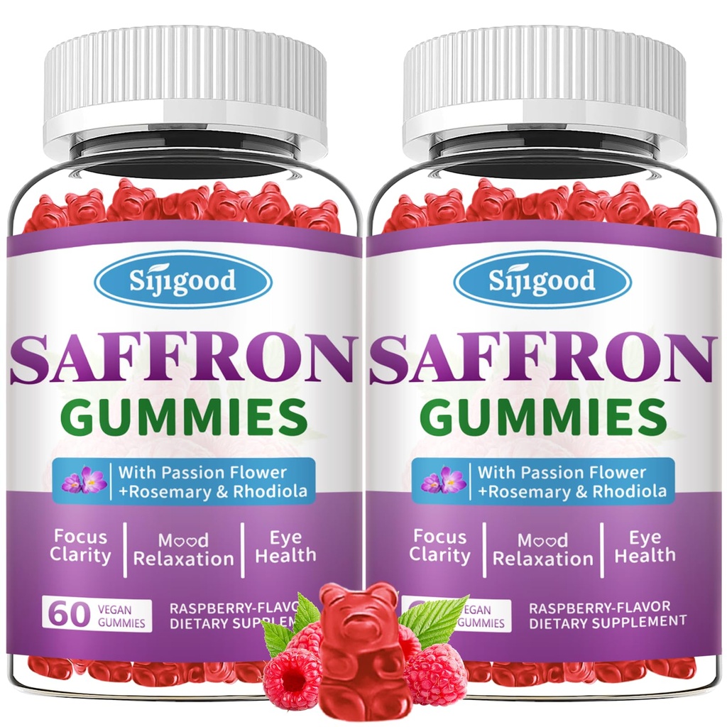 2 Packs Gommies de safran - Supplément sans sucre de safran pour hommes femmes Mood Supplément de soutien avec extrait de safran, fleur de passion, magnésium et vitamines pour la détente, Focus, framboise