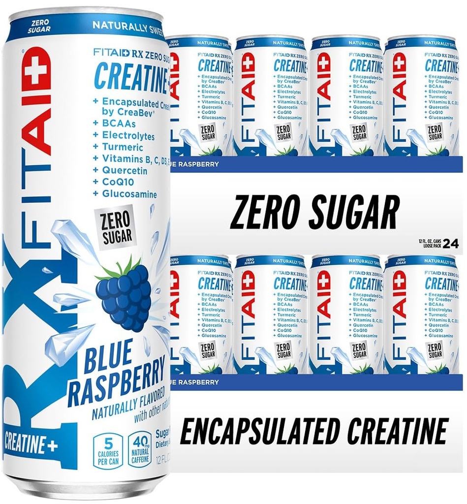 FITAID RX Zéro sucre, encapsulé créatine, boisson de récupération d'entraînement, mélange tout-en-un, BCAAs, glucosamine, curcuma, complexe B, électrolytes, framboise bleue, 12 Fl Oz (paquet de 24)