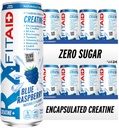 FITAID RX Zéro sucre, encapsulé créatine, boisson de récupération d'entraînement, mélange tout-en-un, BCAAs, glucosamine, curcuma, complexe B, électrolytes, framboise bleue, 12 Fl Oz (paquet de 24)