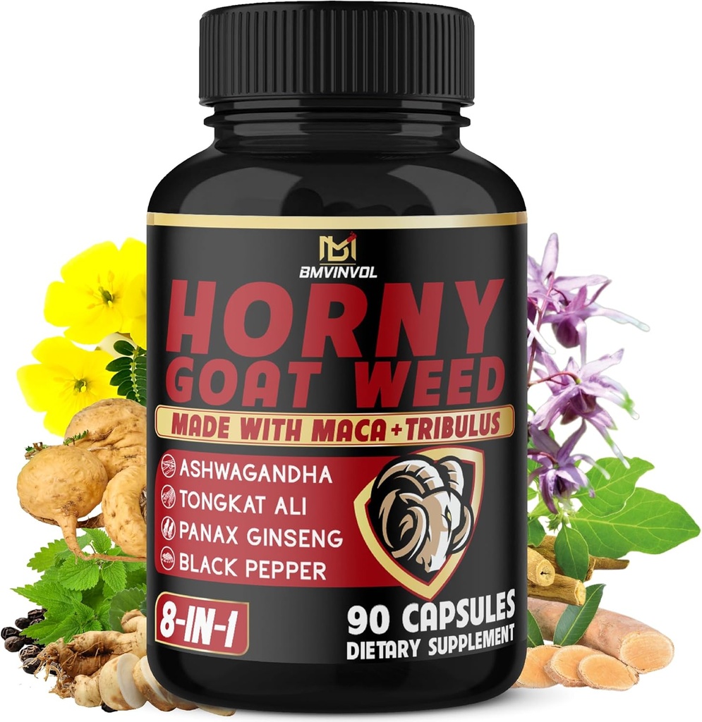 BMVINVOL Capsules d'herbes de chèvre Horny avec Maca, Ginseng, Tribulus Terrestris, Ashwagandha, Pepper Noir - 90 Compte pour 3 mois d'approvisionnement
