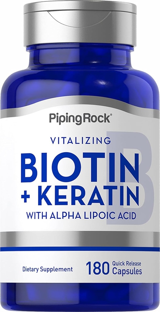 Piping Rock Biotin 5000mcg (en anglais seulement) 180 Capsules Plus Keratine et acide alpha lipoïque (en anglais seulement) Non-OGM, supplément sans gluten