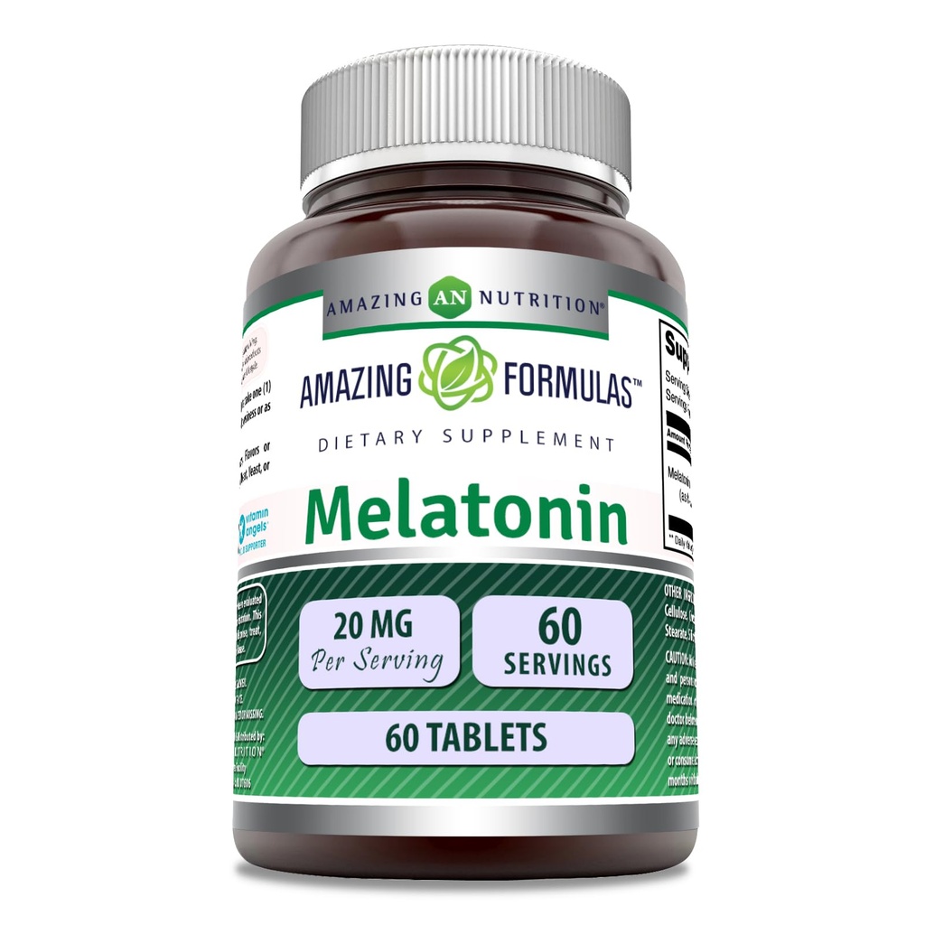 Formules étonnantes Melatonin Supplément de 20 Mg par Serving (en anglais seulement) Comprimés non-OGM (en anglais seulement)