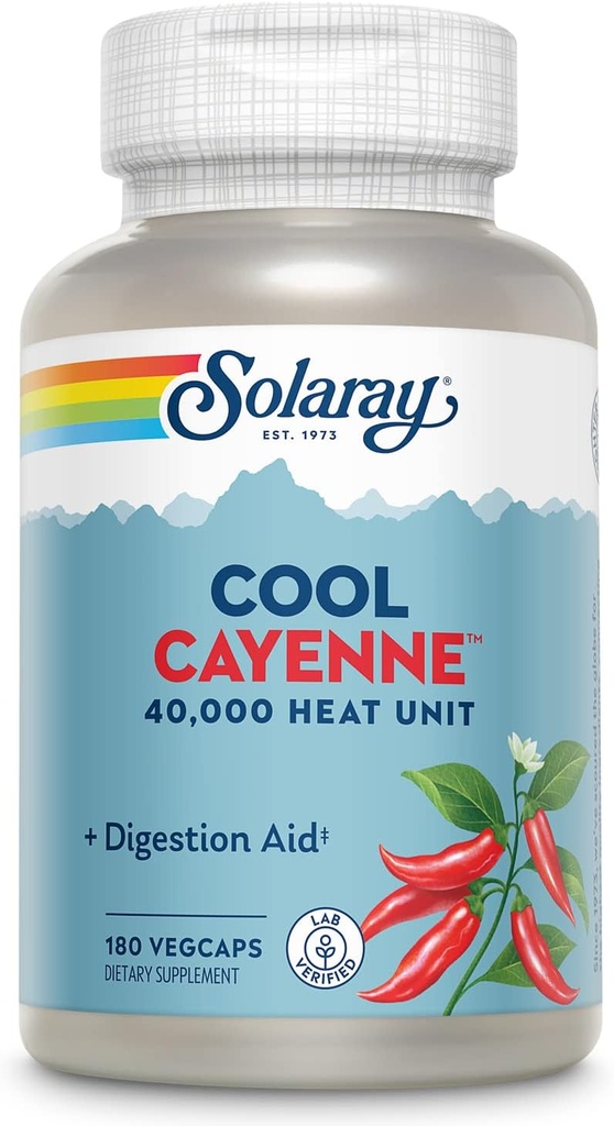 SOLARAY Cool Cayenne Pepper 40,000 HU, Cayenne Pepper Capsules, Digestion Aid, Bio-Cool Process, Lab Vérifié, Garantie de remboursement de 60 jours, 90 portions, 180 VegCaps