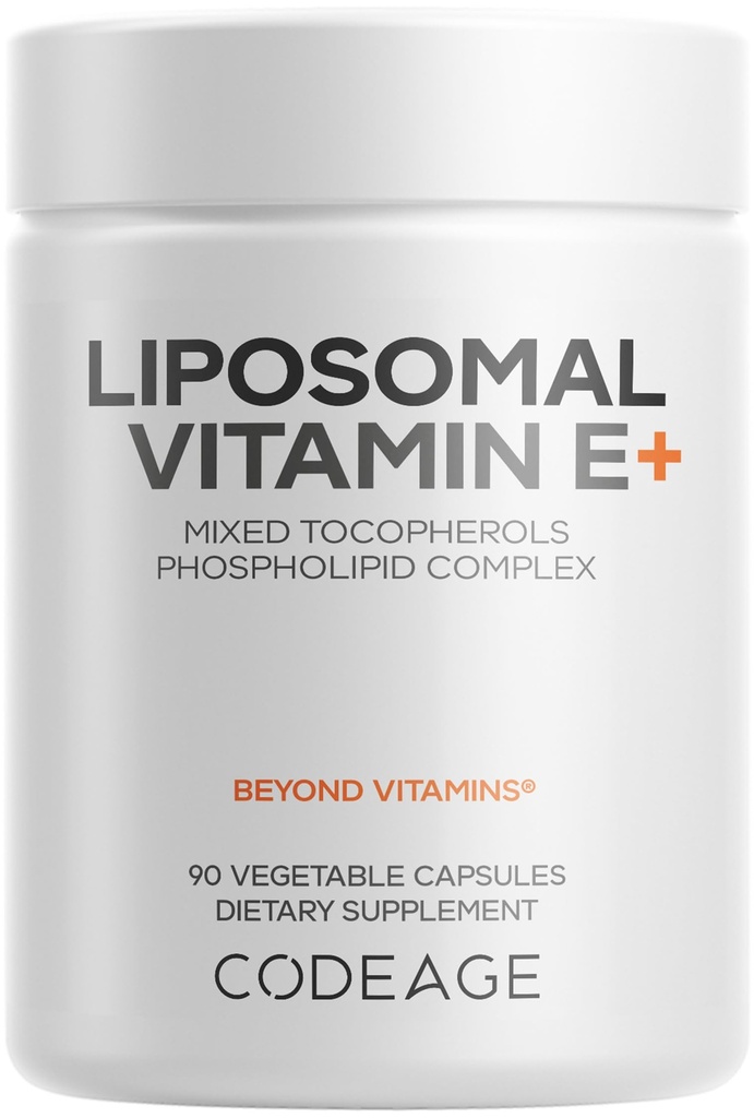 Codeage Supplément de vitamine E liposomique - Tous les tocophérols de vitamine E - Approvisionnement en 3 mois - Tocophérols alpha, bêta, gamma et delta - Tocophérols mixtes liposomiques - Phospholipide non OGM - 90 capsules