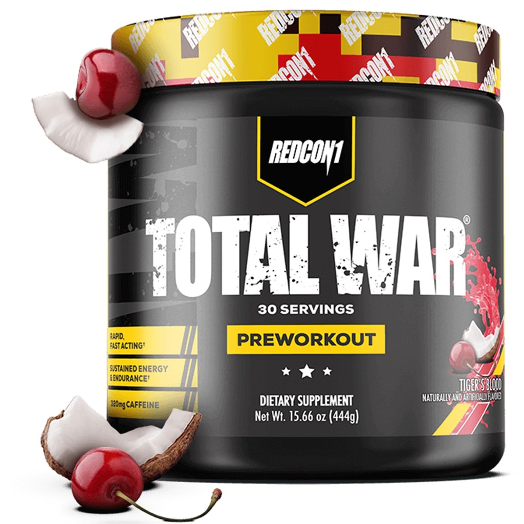 REDCON1 Totale pré-entraînement de guerre, sang de tigre - L Citrulline, acide malique, extrait de feuille de thé vert pour stimuler la pompe préentraînement pour les femmes et les hommes - 3.2g Beta Alanine pour réduire l'échappement (30 portions)