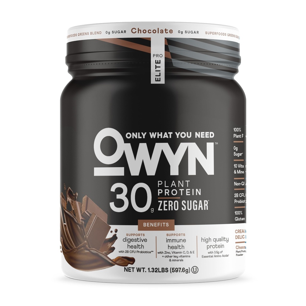 OWYN seulement ce dont vous avez besoin Pro Elite Poudre à haute teneur en protéines, 30g Protéine végétalienne pour la récupération d'entraînement, Délicieux goût lisse, Zéro sucre, faible teneur en glucides nets, chocolat, 12 portions (1.32 LB)