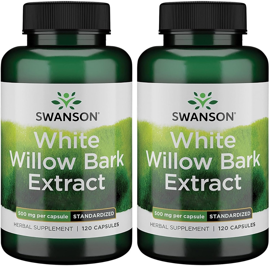 Extrait d'écorce de saule blanc de Swanson - Promotion du soutien articulaire et du soulagement musculaire - Standardisé à 15 % de salicine - Supplément naturel sans irritation d'estomac - (120 capsules, 500 mg chacune) (2 boîtes)