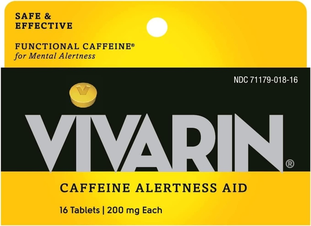 Vivarin, Pilules de caféine, 200 mg de caféine dans chaque comprimé, en toute sécurité et efficacement aide à rester éveillé, aide à l'alerte, supplément énergétique, 16 comprimés - 5 paquets