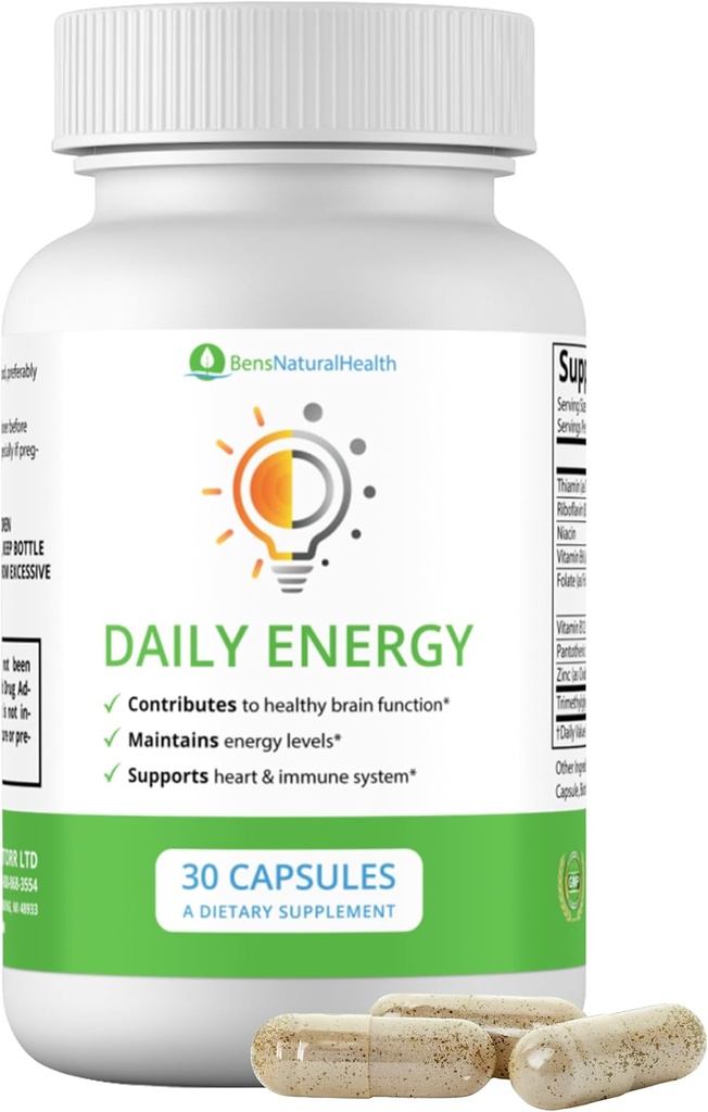 Ben's Natural Health Daily Energy Complexe B-Vitamine avec TMG et Zinc pour l'énergie naturelle, le stress, le focus et le soutien immunitaire, 30 capsules