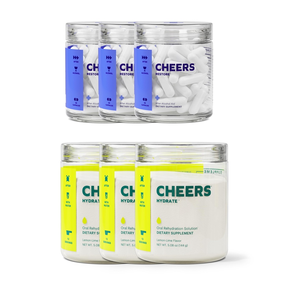 Cheers Classic Combo | Restore + Hydrate | Rehydrate & Feel Better After Drinking | DHM, L-Cysteine, B-Vitamins, Electrolytes | 12 Doses Each | Liver Support | Electrolyte Supplements