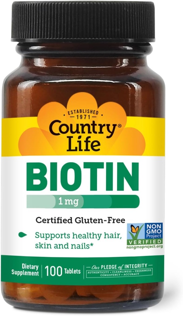 Country Life Biotin 1mg soutient cheveux, peau et ongles sains, 100 comprimés, certifié sans gluten, végétalien certifié, certifié halal, non-OGM vérifié