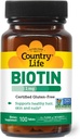 Country Life Biotin 1mg soutient cheveux, peau et ongles sains, 100 comprimés, certifié sans gluten, végétalien certifié, certifié halal, non-OGM vérifié