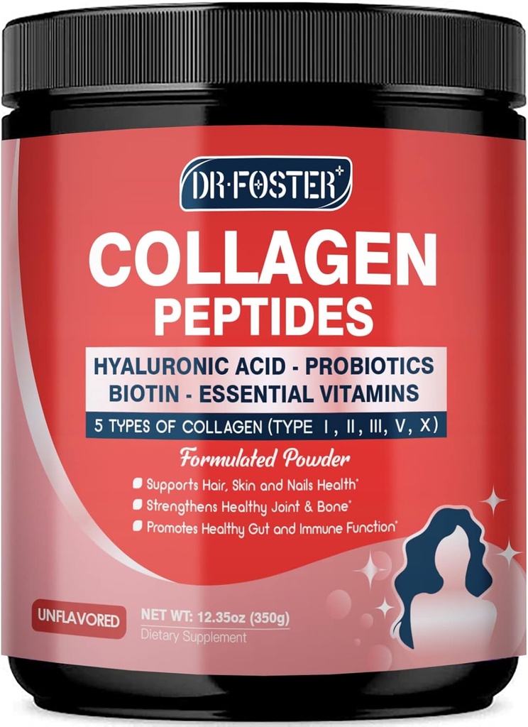 Poudre de Peptides Multi Collagène avec Probiotiques - Type I II III V X - Peptides de Collagène hydrolysés avec Multivitamines, Acide Hyaluronique et Biotine - Soutien des articulations des ongles de cheveux et Gut, 35 portions