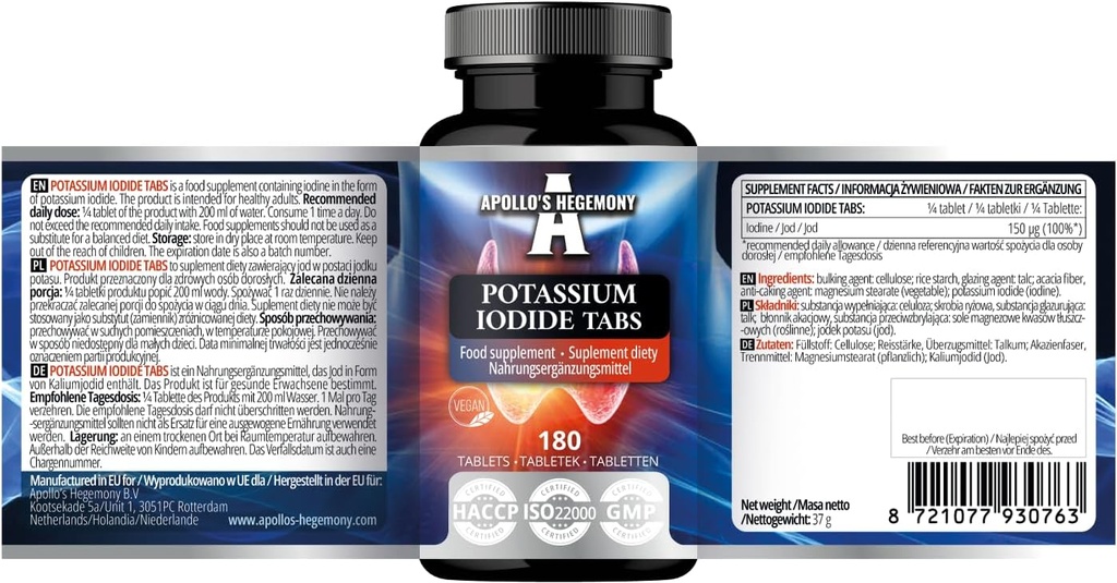 Iodide de potassium 150 mcg par portion - 180 comprimés végétaliens - 720 portions - pour la fonction optimale Gland et le métabolisme de l'énergie - complément de régime par l'hégémonie d'Apollon
