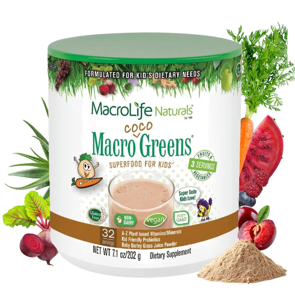 MacroLife Naturals MacroCoco Greens Chocolate Superfood Powder for Kids Fruits crus Veggies Probiotiques et enzymes digestives, Immunity Energy, Non-OGM, Vegan, Gluten, Dairy Free - 7oz (32 portions)