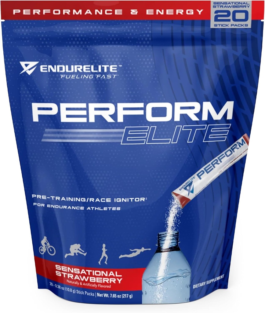 EndurElite Exécuter Elite- Supplément de poudre préentraînement- Préentraînement pour les athlètes endurance- 20 Sac de service- Fraise Sensationnelle