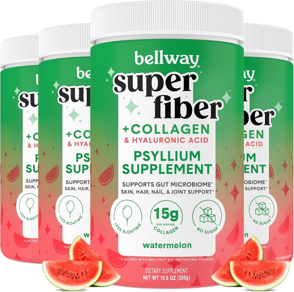Poudre Super Fibre Bellway + Collagène (4 pack), Poudre sans sucre de Psyllium avec Peptides de Collagène et acide hyaluronique pour la santé des Gut, peau saine, ongles, os et articulations, pastèque (42,4 oz)
