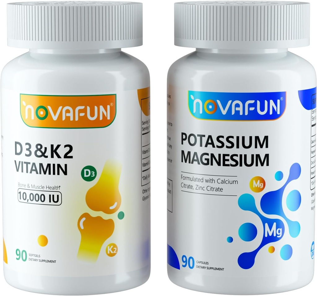 Potassium Magnesium with Calcium Zinc & D3 K2 Vitamin Supplements Bundle for Heart, Bone, Muscle Health