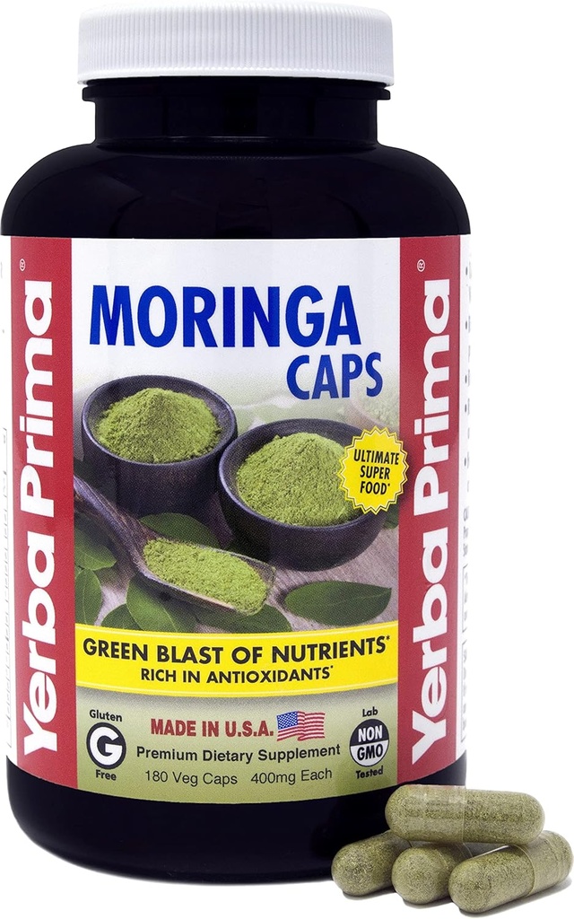 Yerba Prima Moringa, 180 Comte Veg Caps - 400mg de Pure, Poudre de feuille séchée, Blast vert de nutriments, Riche en antioxydants, 100% Pure, Super Food, Non-OGM, Vegan Friendly, Sans gluten, USA Made