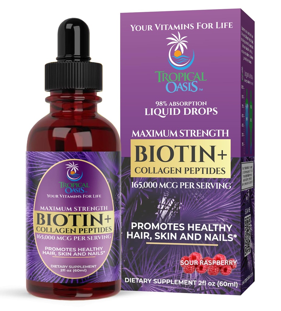 Résistance maximale 165 000 mcg Biotine liquide et gouttes de collagène – Vitamines pour la croissance des cheveux pour les femmes et les hommes – Soutient cheveux sains, peau radiante et ongles forts – 98 % Absorption, non OGM, 60 portions