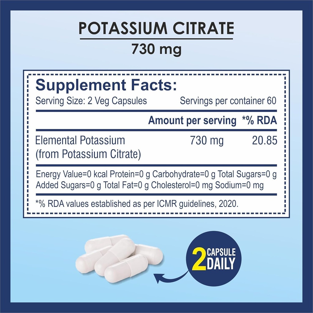 Citrate de potassium 730mg Supplément, soutient la fonction rénale et les muscles sains - 120 capsules végétales