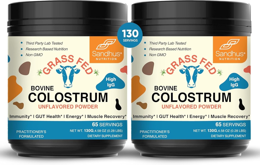 Sandhu's Grass Fed Bovine Colostrum Poudre pour les humains, les adultes de 65 portions (paquet de 2) Supplément de vache de haute IgG pour la santé de Gut.