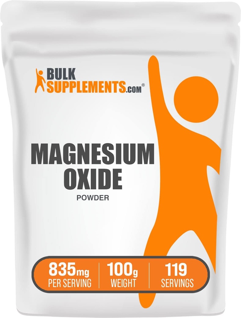 BulkSupplements.com Poudre d'oxyde de magnésium - Supplément d'oxyde de magnésium, Supplément minéral - Sans grade alimentaire et sans gluten, 835mg par portion, 100g (3.5 oz) (paquet de 1)