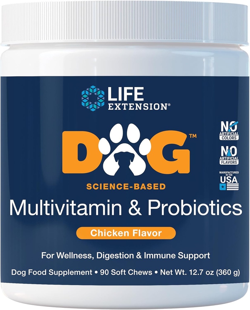 Multivitamines et probiotiques du chien - Supplément alimentaire pour chien pour la santé globale, la digestion et le soutien immunitaire - Vitamines, mélange probiotique, colostrum (bovin) - 90 Chews doux