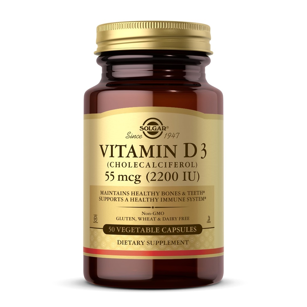 Solgar Vitamine D3 (Cholecalciferol) 55 mcg (2200 UI), 50 capsules végétales - Aide à maintenir des os et des dents sains - Soutien du système immunitaire - Non-OGM, sans gluten, sans lait, sans casher - 50 portions