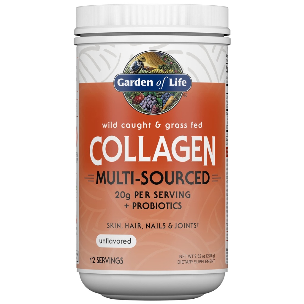 Supplément en poudre pour peptides de collagène marin et gazon (type I, III) avec probiotiques et BCAA pour la mobilité, la santé articulaire, les cheveux, la peau et les ongles - non aromatisé, 20g par portion, 12 portions