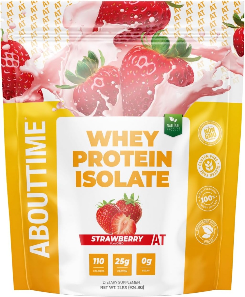 Au sujet du temps Whey Protéine Isolate Poudre 25g Fraise, Ingrédients naturels, Non-OGM, Sans gluten, Sans lactose, Zéro sucre, Faible glucides, 32 portions