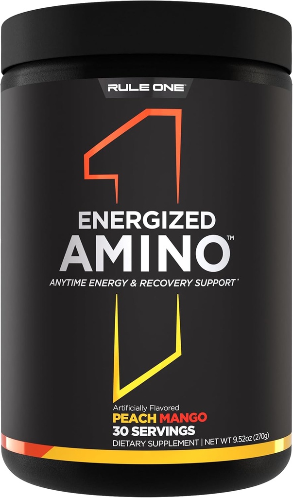Règle 1 Amino énergétique – Support de récupération et d'énergie à tout moment avec BCAAs, Glutamine, Citrulline, Beta Alanine et caféine à partir d'extraits de café et de thé verts (30 portions, pêche de mangue)
