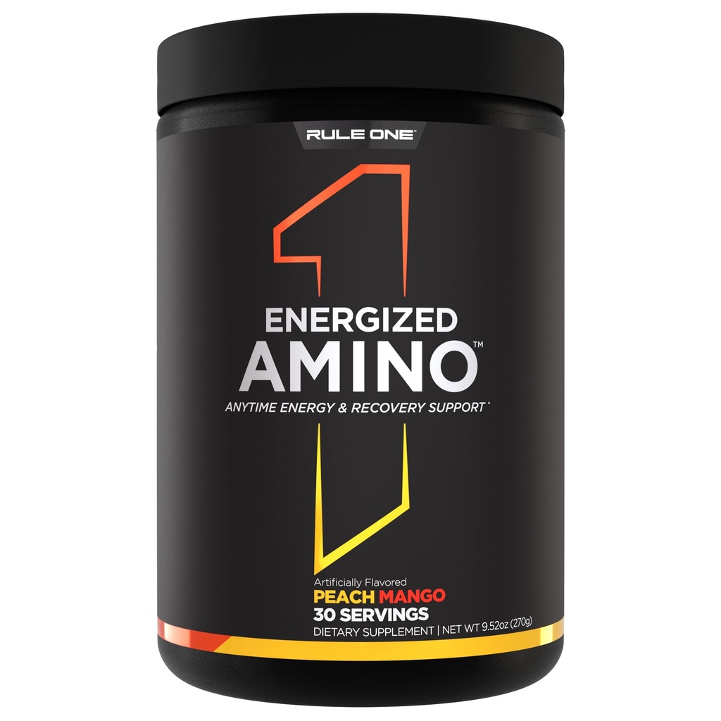 Règle 1 Amino énergétique – Support de récupération et d'énergie à tout moment avec BCAAs, Glutamine, Citrulline, Beta Alanine et caféine à partir d'extraits de café et de thé verts (30 portions, pêche de mangue)