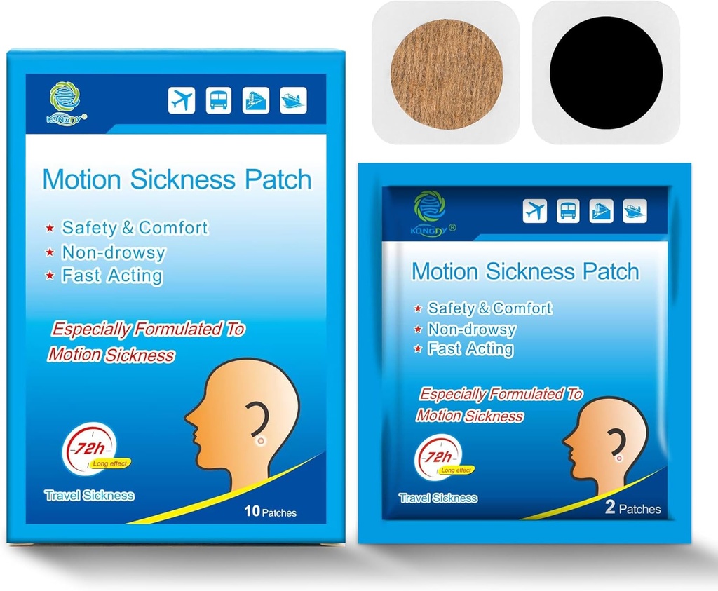 KONGDY 10 comtes Motion Maladie Patches pour enfants Adultes, Seasick Patch pour croisière de voyage avec imperméable et non somnolent, Sea Maladie Patches Derrière l'oreille