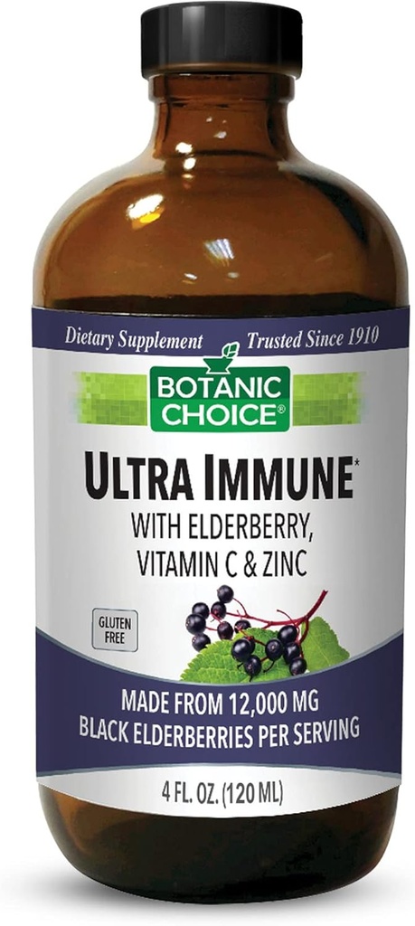 Choix botanique - Ultra Immune, Contient des baies de sureau avec du zinc et de la vitamine C, Sirop noir pour les adultes et les enfants, Vitamines liquides pour le soutien immunitaire, 4 Oz