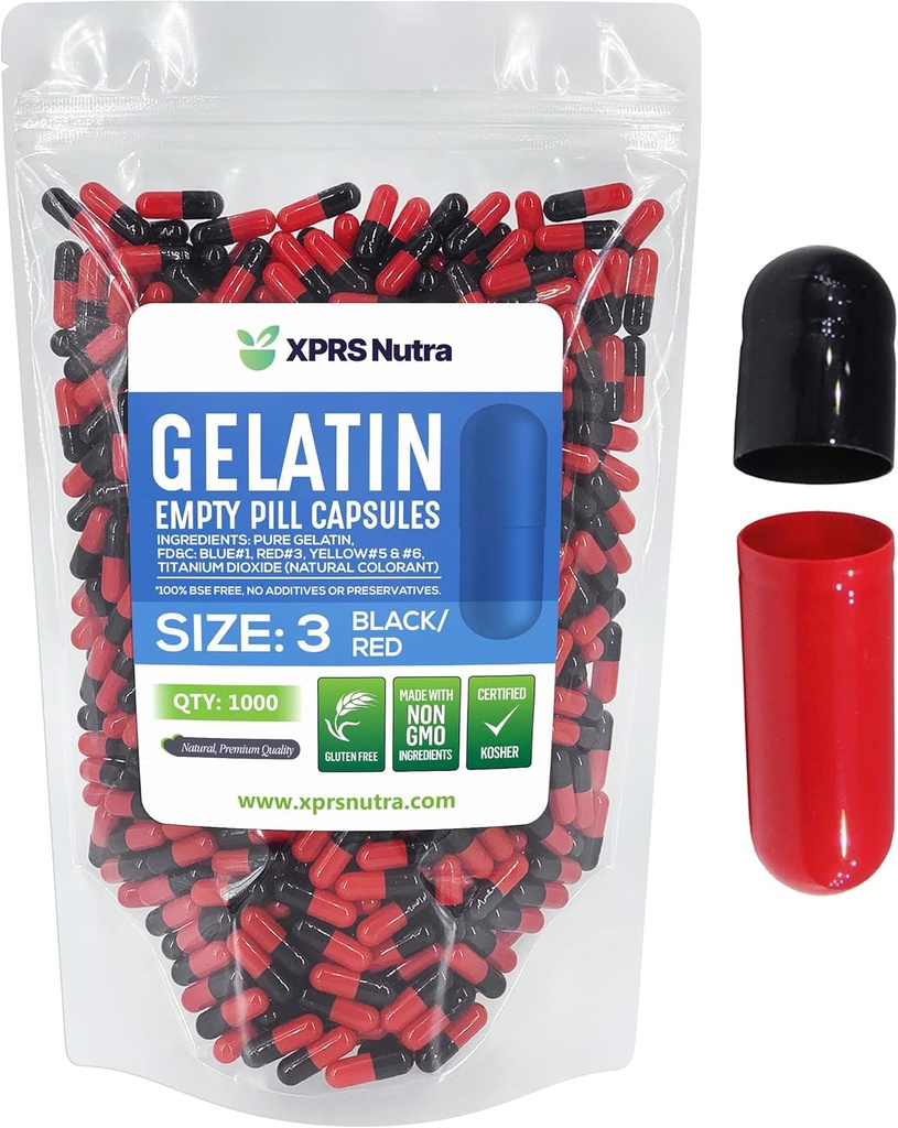 XPRS Nutra Taille 3 Capsules vides - 1000 Compte Capsules de gélatine vides - Pills Bricolage Capsule Remplissage - Remplir Pure Pilule de Bovin Gel Caps pour Do-It-Youlf Suppléments et Vitamines (Noir/Rouge)