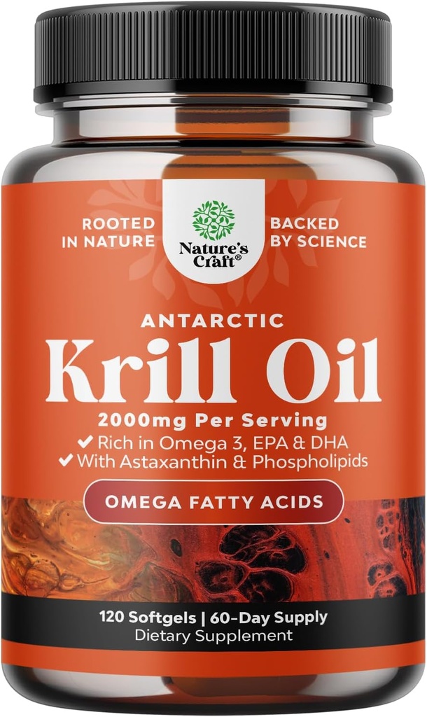 Huile de krill antarctique 2000mg Softgels par portion - supplément d'huile de krill oméga 3 avec EPA DHA & Astaxanthin - 3e laboratoire de partie testé sans OGM de gluten ou après-goût de poisson - 2 mois
