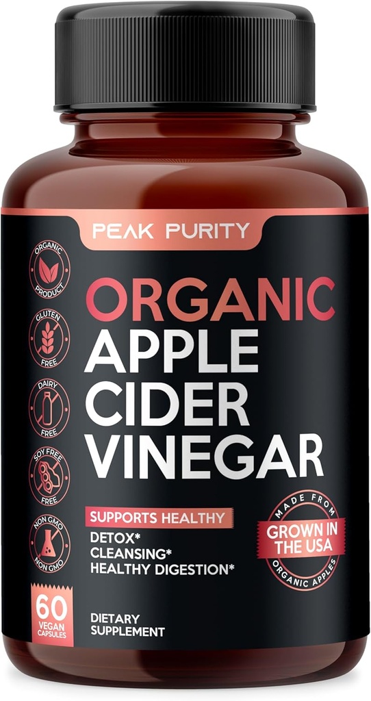 Capsules de vinaigre de cidre de pomme 100 % biologique crue - Nettoyant naturel de détox Gut et Digestion saine - Sans goût et facile à avaler - Pilules de vinaigre de cidre de pomme - 1000 mg