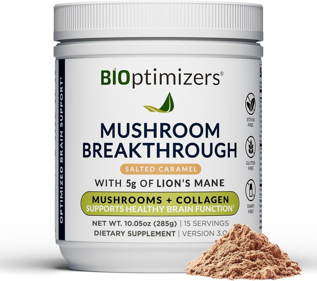 BIOptimizers Café de champignons Alternative – Boissons de caramel salées – Lion, Chaga, Reishi + Collagen Peptides pour Focus, Energy & Gut Health – Champignons adaptogènes et poudre MCT – 15 portions