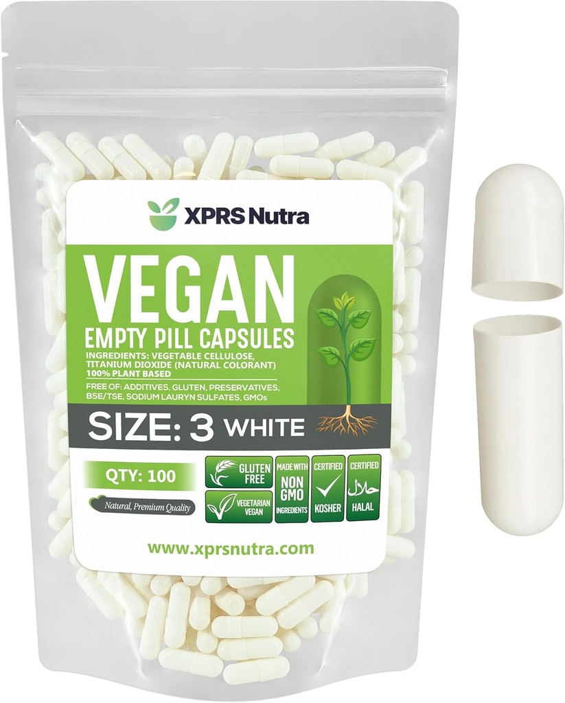 XPRS Nutra Taille 3 Capsules vides - 100 Compte vide Végétalien - Pilules végétariennes - Bricolage Capsules végétales Remplissage - Veggie Pill Caps (White)