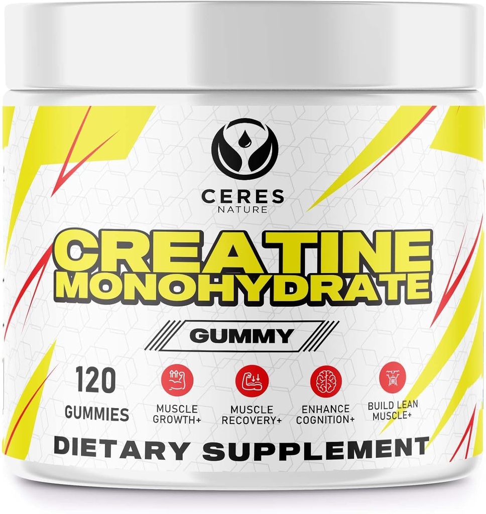 Creatine Monohydrate Gommies pour hommes et femmes-5g de Creatine Monohydrate par service - Vegan, Lemon Flavor, 120 Comte.