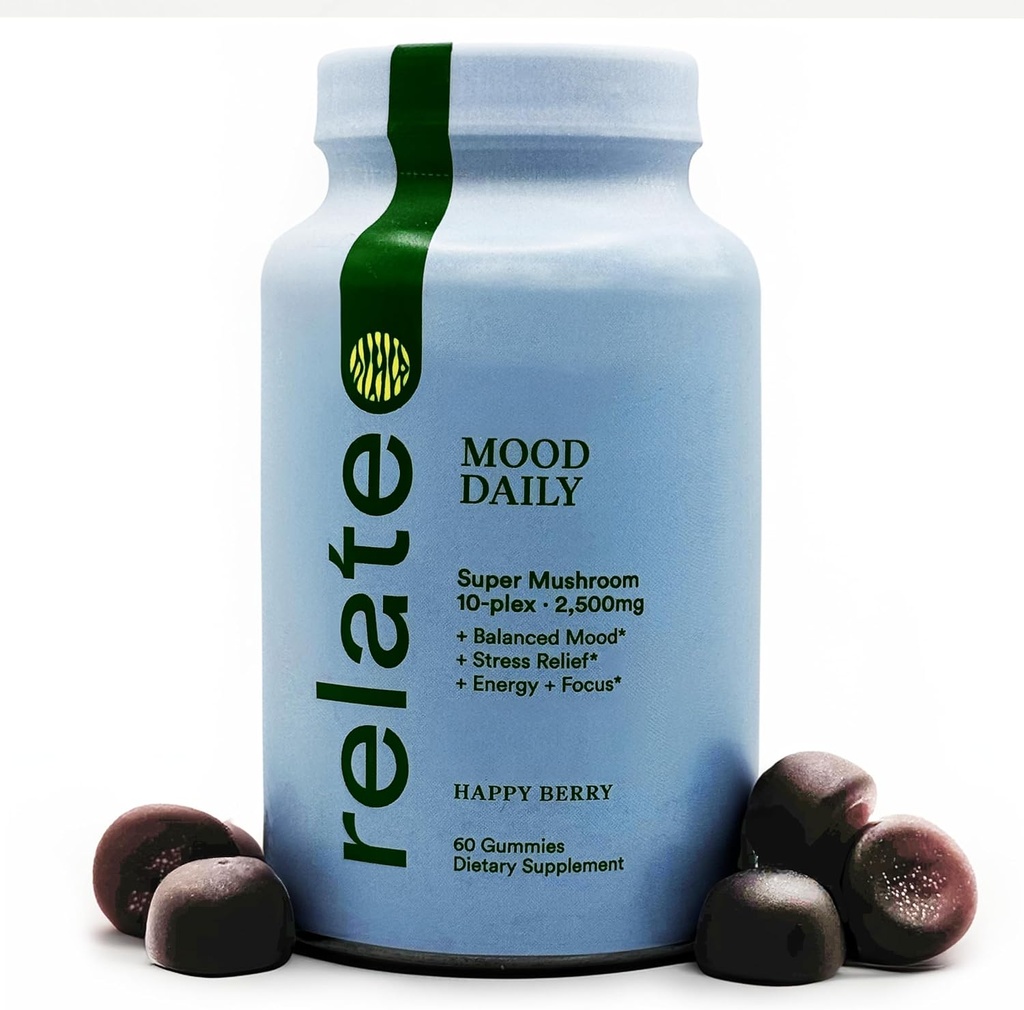 relater Mood Daily Happy Berry Gummies - Complexe de champignons Super pour l'humeur équilibrée et le soutien cognitif - 60 comte
