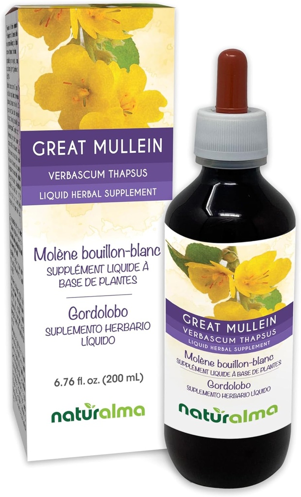 Naturalma Grande Mulléine ou Mulléine Commune (Verbascum thapsus) Fleur et feuille sans alcool Teinture - 6,76 fl oz Extrait liquide dans les gouttes - Supplément à base de plantes - Vegan