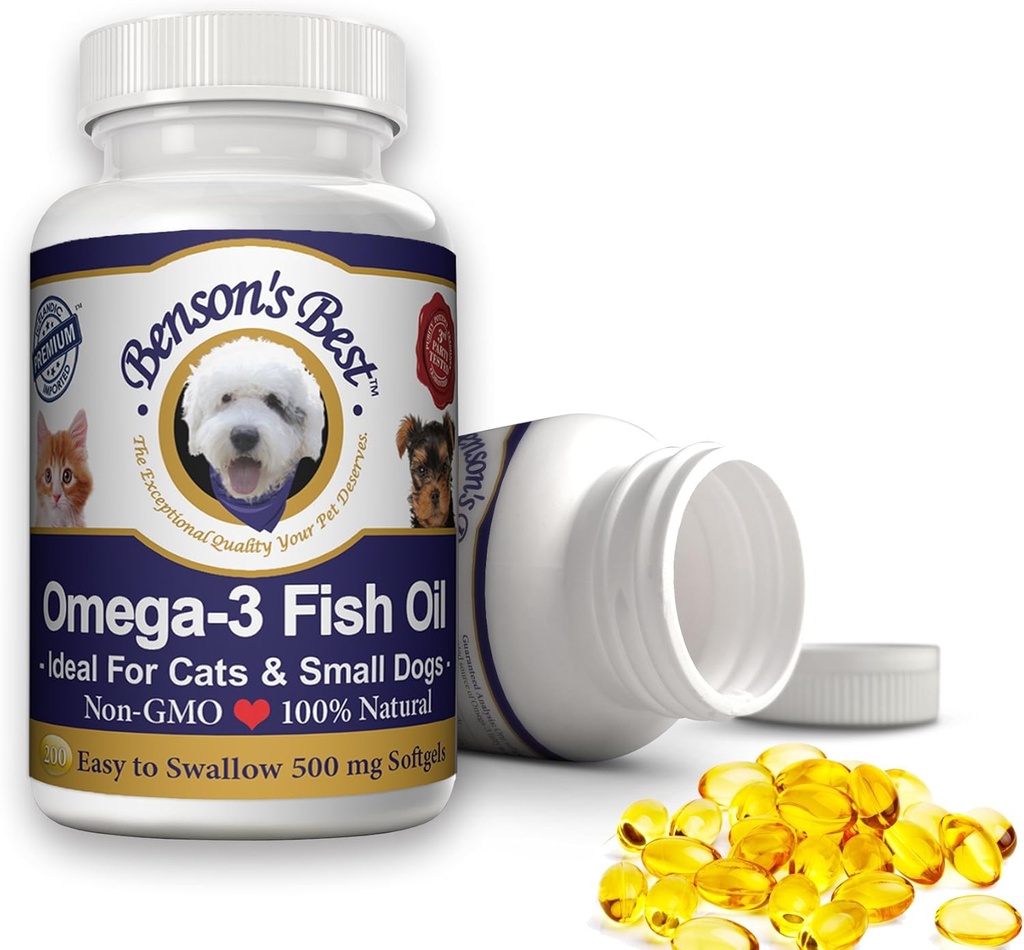 Benson's Best Omega 3 Fish Oil for Cats & Small Dogs - 200 Softgels 500mg - 43% More Omega 3 Fatty Acids Than Salmon Oil - 100% Pure, Non-GMO, Natural Pet Food Dog Fish Oil Supplements
