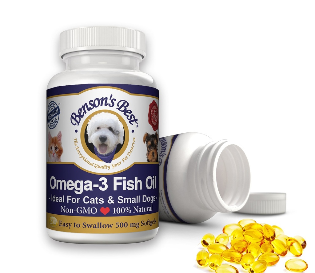 Meilleure huile de poisson Omega 3 de Benson pour les chats et les petits chiens - 200 Softgels 500mg - 43% Plus d'acides gras Omega 3 que l'huile de saumon - 100% pur, non-OGM, aliments naturels pour animaux de compagnie