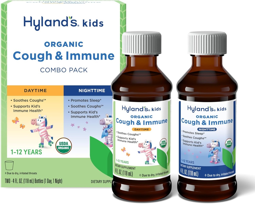 Hyland's Kids Organic Cough and Immune Day and Night Combo Pack, Eases Coughs, soutient l'immunité, favorise le sommeil, deux bouteilles de 4 fl Oz. (8 fl oz)