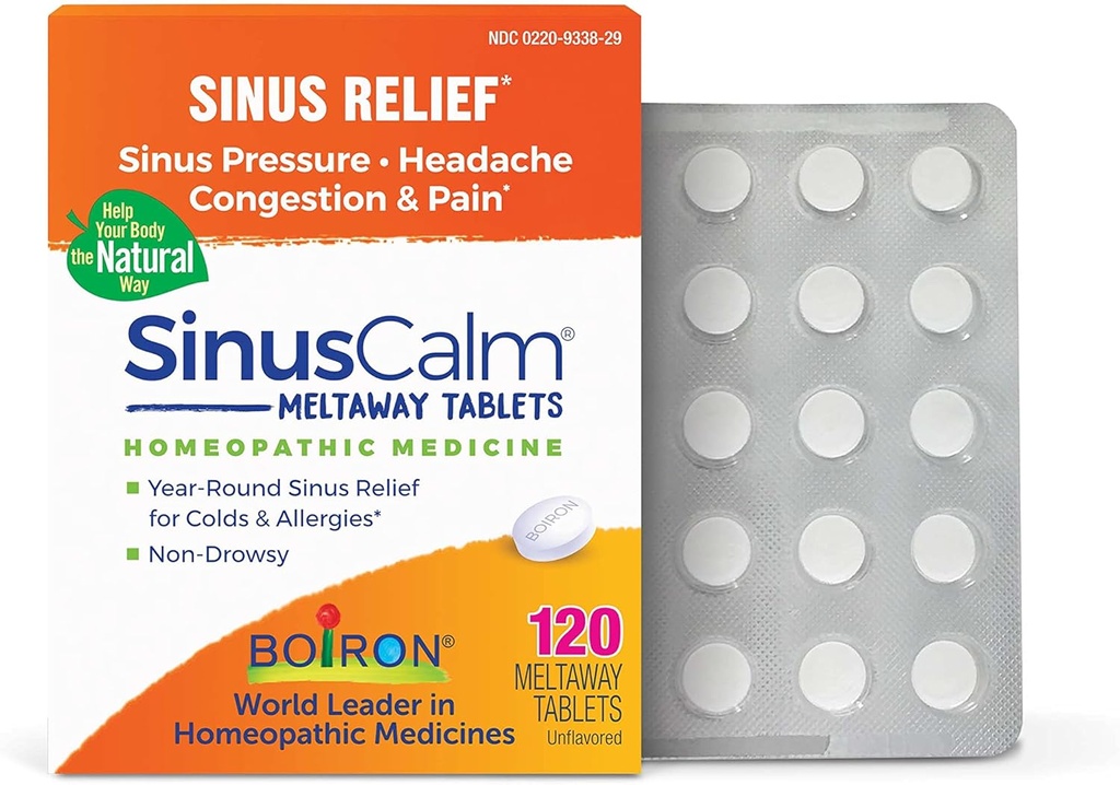 Comprimés Boiron SinusCalm pour soulager la douleur du sinus, nez de runny, congestion, pression du sinus, maux de tête - 120 Compte