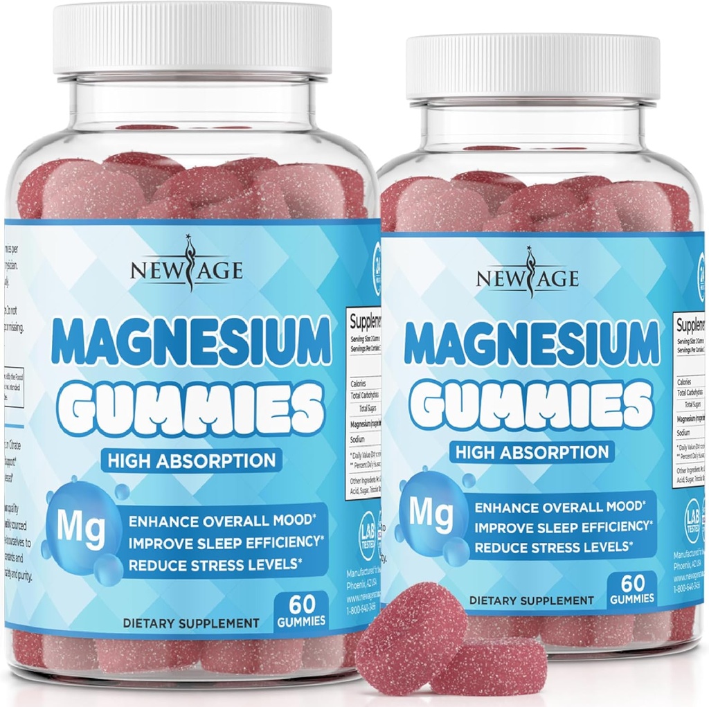 Gommies de magnésium - Gummies anti-stress calmantes, supplément de magnésium pour les adultes et les enfants, végétalien, sans gélatine, sans gluten, sans OGM, délicieuse saveur de framboise naturelle - 120 comte - par nouveau-âge